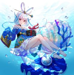 Rule 34 | 1girl, air bubble, ankle cuffs, bare shoulders, barefoot, blue dress, blue hair, blunt bangs, blurry, blurry background, bubble, collarbone, commentary, coral, day, depth of field, dress, fins, folklore, full body, fuzichoco, gem, green eyes, hair ornament, hair rings, hairpin, head fins, highres, long hair, long sleeves, looking at viewer, multicolored hair, off-shoulder dress, off shoulder, original, otohime, outdoors, parted lips, pearl (gemstone), seashell, see-through, shell, short dress, short eyebrows, silver hair, sleeves past fingers, sleeves past wrists, smile, solo, streaked hair, thick eyebrows, underwater, urashima tarou, water