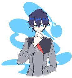 Rule 34 | 10s, 1boy, black hair, blue eyes, blush, commentary request, darling in the franxx, hand on back, hand on own neck, hiro (darling in the franxx), katakanadaisuki, long sleeves, male focus, military, military uniform, necktie, red necktie, short hair, solo, uniform