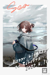 Rule 34 | 1girl, alternate costume, animal ears, arknights, blue coat, boat, brown eyes, brown hair, camera, character name, cloud, cloudy sky, coat, collared shirt, cowboy shot, dated, framed, from behind, happy birthday, highres, holding, holding camera, horizon, iris yi, long sleeves, looking at viewer, looking back, ocean, otter, otter ears, otter girl, overcast, oversized clothes, parted lips, pearl hair ornament, ponytail, reflection, reflective water, roberta (arknights), shirt, shore, short hair, sky, solo, stamp mark, watercraft, wind, wind lift