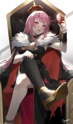 Rule 34 | 1girl, absurdres, alcohol, asymmetrical legwear, black nails, cape, crown, cup, dress, drinking glass, fur-trimmed cape, fur trim, highres, holding, holding cup, hololive, hololive english, kyoro ina, long hair, mori calliope, nail polish, pink eyes, pink hair, solo, throne, two-tone cape, virtual youtuber, wine, wine glass