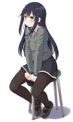 Rule 34 | 1girl, asashio (kancolle), black hair, black pantyhose, black skirt, blue eyes, blush, chair, closed mouth, dd (ijigendd), full body, hair between eyes, highres, kantai collection, long hair, long sleeves, pantyhose, simple background, sitting, skirt, solo, white background