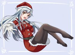 Rule 34 | 1girl, :d, ai style, black pantyhose, blush, capelet, floating hair, from side, full body, fur-trimmed capelet, fur-trimmed headwear, fur-trimmed skirt, fur-trimmed sleeves, fur trim, gloves, hat, kantai collection, long hair, looking at viewer, miniskirt, open mouth, outstretched arm, pantyhose, red capelet, red hat, red skirt, santa costume, santa hat, shoukaku (kancolle), silver hair, skirt, skirt set, smile, solo, very long hair, white gloves, yellow eyes