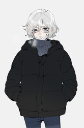 Rule 34 | 1boy, bags under eyes, black eyes, breath, chinese commentary, contemporary, cowboy shot, denim, down jacket, dungeon meshi, elf, grey hair, hands in pockets, highres, jacket, jeans, lazy eye, long sleeves, looking at viewer, male focus, mask, mithrun, mouth mask, notched ear, official alternate costume, pants, pointy ears, scarf, short hair, simple background, solo, straight-on, uneven eyes, wavy hair, white background, winter clothes, yunibobo380