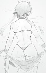 Rule 34 | 1girl, ass, bikini, chain, em (totsuzen no hakike), from behind, g-string, gertrud barkhorn, greyscale, monochrome, sarong, shoulder blades, sketch, skindentation, solo, standing, strike witches, swimsuit, thong, twintails, world witches series