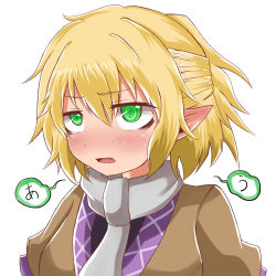 Rule 34 | 1girl, black shirt, blonde hair, blush, breasts, brown jacket, clip studio paint (medium), commentary request, ear blush, green eyes, hair between eyes, half updo, highres, jacket, looking to the side, medium breasts, mizuhashi parsee, multicolored clothes, multicolored jacket, open mouth, pointy ears, scarf, shirt, short hair, short ponytail, simple background, solo, touhou, upper body, white background, white scarf, yasui nori