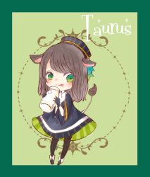 Rule 34 | 1girl, animal ears, black pantyhose, blue dress, blue gloves, border, brown hair, cerika, cow ears, cow girl, cow tail, cup, dress, full body, gloves, green border, green eyes, highres, holding, holding cup, licking lips, milk, original, pantyhose, solo, tail, taurus (zodiac), tongue, tongue out, wide sleeves, zodiac