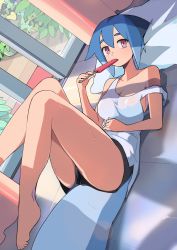 Rule 34 | 1girl, absurdres, azuumori, bare legs, barefoot, black shorts, blue hair, breasts, door, food, highres, holding, indoors, large breasts, legs together, looking at viewer, lying, medium hair, no bra, on back, on floor, original, pillow, popsicle, red eyes, mako (azuumori), shirt, short shorts, shorts, solo, strap slip, tail, white shirt