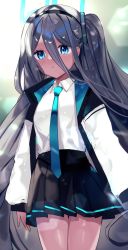 Rule 34 | 1girl, aqua eyes, aqua necktie, aris (blue archive), bad id, bad pixiv id, black hair, black headband, blue archive, blue eyes, blurry, blurry background, bokeh, breasts, collared shirt, depth of field, frilled skirt, frills, glowing, hair between eyes, halo, headband, highres, jacket, kamchrome, long hair, multicolored eyes, necktie, parted lips, rectangular halo, shirt, sidelocks, skirt, small breasts, solo, tan, thigh gap, twintails, white shirt