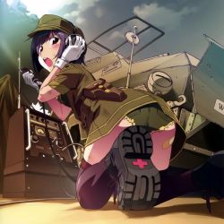 Rule 34 | 1girl, ass, black eyes, black hair, black thighhighs, boots, cable, cross, cutoffs, foreshortening, from below, from side, full body, green hat, hat, kneeling, looking back, military, military uniform, open mouth, pocket, radio, red cross, short shorts, short sleeves, shorts, soldier, solo, thighhighs, uniform, watanabe akio