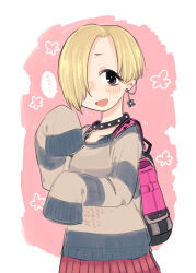 Rule 34 | 1girl, backpack, bag, blonde hair, blush, border, brown sweater, collar, cowboy shot, drop earrings, ear chain, earrings, flower (symbol), flying sweatdrops, furrowed brow, hair over one eye, hands up, highres, idolmaster, idolmaster cinderella girls, ino (tellu0120), jewelry, laughing, long bangs, long sleeves, looking at viewer, nervous, one eye covered, open mouth, outside border, pink background, pink bag, pleated skirt, purple eyes, red skirt, shirasaka koume, short eyebrows, short hair, skirt, sleeves past fingers, sleeves past wrists, smile, solo, speech bubble, standing, striped clothes, striped sweater, sweater, white border