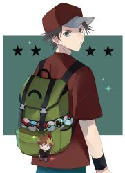 Rule 34 | 1boy, backpack, bag, baseball cap, black wristband, blue oak, brown eyes, brown hair, character doll, closed mouth, creatures (company), doll, game freak, great ball, green background, green bag, hat, highres, looking at viewer, male focus, nintendo, norisukep, pants, poke ball, poke ball (basic), pokemon, pokemon frlg, red (pokemon), red hat, red shirt, shirt, short hair, short sleeves, solo, sparkle, star (symbol), t-shirt, ultra ball