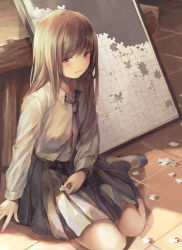 Rule 34 | 1girl, arm at side, arm support, black hair, black skirt, black socks, blush, closed mouth, commentary request, dress shirt, full body, hand on lap, indoors, jigsaw puzzle, kneehighs, light smile, long hair, long sleeves, looking at viewer, naname (danbooru maker), necktie, on floor, original, pleated skirt, puzzle, school uniform, shirt, shoes, sitting, skirt, socks, solo, tile floor, tiles, uniform, uwabaki, white shirt, wing collar, yokozuwari