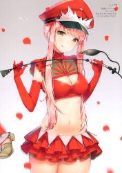 Rule 34 | 1girl, :q, absurdres, ayamy, breasts, cleavage, cleavage cutout, clothing cutout, cowboy shot, fate/grand order, fate (series), gradient background, hat, highres, holding, holding whip, long hair, looking at viewer, medb (alluring chief warden look) (fate), medb (fate), medium breasts, midriff, military hat, miniskirt, navel, peaked cap, petals, pink hair, riding crop, rose petals, scan, simple background, skirt, smile, solo, stomach, tongue, tongue out, whip