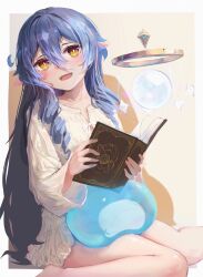 Rule 34 | 110051132, 1girl, absurdres, alternate costume, bare legs, blue hair, blush, book, border, bow, bright pupils, chinese commentary, commentary, drill hair, drill sidelocks, feet out of frame, frilled shirt, frills, genshin impact, hair between eyes, happy, highres, holding, holding book, layla (genshin impact), long hair, long sleeves, looking at viewer, open book, open mouth, orange eyes, pajamas, pointy ears, see-through, shirt, sidelocks, simple background, sitting, sleepwear, slime (genshin impact), smile, solo, teeth, thighs, upper teeth only, white border, white bow, white pupils, white shirt, wide sleeves, yellow background