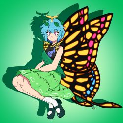 Rule 34 | 1girl, antennae, aqua hair, beetsfoxxy, black footwear, blue hair, butterfly wings, commentary request, dress, eternity larva, fairy, full body, green background, green dress, hair between eyes, hair ornament, highres, insect wings, leaf, leaf hair ornament, leaf on head, mary janes, multicolored clothes, multicolored dress, purple eyes, shoes, short hair, short sleeves, simple background, single strap, socks, touhou, white socks, wings, yellow wings