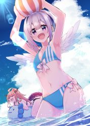Rule 34 | 2girls, :d, amane kanata, angel, angel wings, armpits, arms up, axolotl (minecraft), ball, beachball, bikini, blue bikini, blue hair, blue sky, blush, breasts, colored inner hair, cowboy shot, dragon girl, dutch angle, feathered wings, front-tie bikini top, front-tie top, grey hair, groin, hikawa shou, holding, holding ball, hololive, inflatable toy, kiryu coco, lens flare, looking at viewer, midriff, multicolored hair, multiple girls, navel, ocean, open mouth, pink hair, purple eyes, short hair, side-tie bikini bottom, single hair intake, sky, small breasts, smile, solo focus, streaked hair, summer, swimsuit, virtual youtuber, wading, white wings, wings