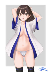 Rule 34 | 1girl, black thighhighs, breasts, brown eyes, brown hair, hair down, highres, japanese clothes, kaga (kancolle), kantai collection, long hair, open clothes, panties, t2r, thighhighs, underwear, white panties