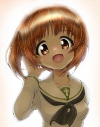 Rule 34 | 1girl, :d, backlighting, bad id, bad twitter id, black neckerchief, blouse, brown eyes, brown hair, commentary, daxz240r, girls und panzer, hand in own hair, highres, long sleeves, looking at viewer, neckerchief, nishizumi miho, ooarai school uniform, open mouth, school uniform, serafuku, shirt, short hair, smile, solo, upper body, white background, white shirt