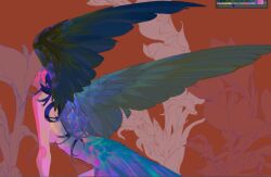 Rule 34 | 1girl, black hair, esyil207, feather hair, feathered wings, floral background, long hair, original, solo, tag, tagme, topless, wings