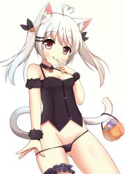 Rule 34 | 1girl, :q, ahoge, animal ear fluff, animal ears, bare shoulders, bat hair ornament, black panties, black ribbon, blush, bow, bow panties, breasts, candy, candy wrapper, cat ears, cat girl, cat tail, closed mouth, finger to mouth, food, groin, hair ornament, hair ribbon, halloween bucket, hand up, heart, heart ahoge, highres, lollipop, long hair, looking at viewer, medium breasts, original, panties, panty pull, prehensile tail, pulled by self, red eyes, ribbon, sidelocks, simple background, smile, solo, swirl lollipop, tail, tongue, tongue out, twintails, underwear, underwear only, white background, white hair, xiaosamiao