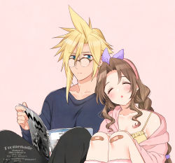 Rule 34 | 1boy, 1girl, aerith gainsborough, alternate costume, alternate eyewear, artist name, bandaid, bandaid on knee, bandaid on leg, bare shoulders, black pants, blonde hair, blue eyes, blush, braid, breasts, casual, cleavage, closed eyes, cloud strife, collarbone, couple, dated, final fantasy, final fantasy vii, final fantasy vii remake, glasses, grey shirt, hair between eyes, hairband, highres, holding, holding magazine, hood, hoodie, krudears, leaning on person, leg warmers, long hair, long sleeves, looking at another, magazine (object), medium breasts, pants, parted bangs, parted lips, pink background, pink hoodie, reading, shirt, short hair, sidelocks, sitting, sleeping, spaghetti strap, spiked hair, twitter username, upper body, wavy hair, yellow shirt