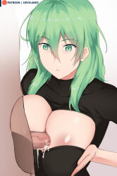 Rule 34 | 1boy, 1girl, absurdres, breasts, breasts squeezed together, byleth (female) (fire emblem), byleth (fire emblem), cleavage cutout, clothing cutout, cum, devilukez, ejaculation, expressionless, fire emblem, fire emblem: three houses, highres, huge breasts, nintendo, paizuri, perpendicular paizuri