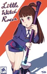 Rule 34 | 1girl, boots, breasts, broom, brown hair, commentary, content rating, cover, dress, english commentary, english text, fake cover, highres, holding, holding broom, hood, hood down, kagari atsuko, knee boots, little witch academia, long hair, looking at viewer, luna nova school uniform, optionaltypo, pink eyes, school uniform, shadow, short dress, short ponytail, signature, small breasts, solo, video game cover, witch