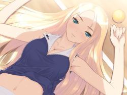 Rule 34 | 00s, 1girl, armpits, arms up, ball, blonde hair, blush, breasts, cleavage, date wingfield reiko, fault!!, game cg, green eyes, large breasts, long hair, looking at viewer, lying, navel, shadow, smile, solo, sweat, tony taka