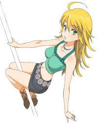 Rule 34 | 1girl, a1 (initial-g), ahoge, blonde hair, blush, breasts, crop top, green eyes, hoshii miki, idolmaster, idolmaster (classic), impossible clothes, impossible shirt, jewelry, lips, lipstick, long hair, looking back, makeup, midriff, navel, necklace, pole, pole dancing, shirt, simple background, skirt, solo, tank top