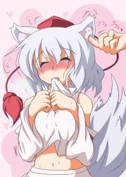 Rule 34 | 1girl, animal ears, blush, breasts squeezed together, breasts, eargasm, closed eyes, fang, female focus, hands on own chest, hat, hat ribbon, heavy breathing, highres, inubashiri momiji, medium breasts, midriff, mouth hold, navel, poking, ribbon, shirt, shirt bite, short hair, silver hair, skirt, solo, sumikaze midi, tail, tokin hat, touhou, uncommon stimulation, wolf ears, wolf tail