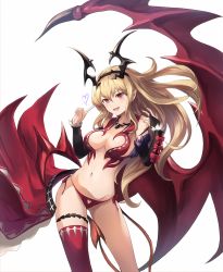 Rule 34 | 1girl, bare shoulders, blonde hair, blush, breasts, bridal gauntlets, clothing cutout, demon tail, eruthika, hairband, heart, heart cutout, highres, horns, long hair, looking at viewer, lord of vermilion, milia (lord of vermilion), navel, open mouth, panties, pointy ears, red eyes, red panties, red thighhighs, side-tie panties, single thighhigh, single wing, smile, solo, tail, thighhighs, underwear, wings
