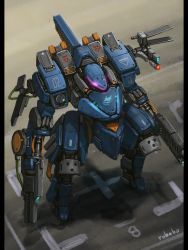 bottoms1237 dual_wielding from_above glowing glowing_eyes gun highres holding holding_gun holding_weapon looking_ahead mecha no_humans original purple_eyes robot science_fiction solo standing weapon