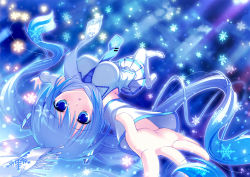Rule 34 | 1girl, :o, alternate color, between breasts, blue eyes, blue hair, blue theme, breasts, colorized, detached sleeves, foreshortening, hair ornament, hatsune miku, long hair, looking at viewer, matching hair/eyes, mikeou, necktie, open mouth, outstretched arm, outstretched arms, pleated skirt, reaching, scarf, skirt, snowflakes, solo, spread arms, thighhighs, twintails, upside-down, very long hair, vocaloid, white thighhighs, yuki miku, zettai ryouiki