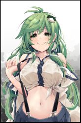 Rule 34 | 1girl, absurdres, antenna hair, bare shoulders, black border, blue skirt, border, breasts, closed mouth, commentary request, frog hair ornament, green eyes, green hair, hair ornament, highres, hira-san, kochiya sanae, large breasts, long hair, looking at viewer, midriff, navel, pulling own clothes, shirt, skirt, smile, snake hair ornament, solo, suspenders, suspenders pull, touhou, upper body, white background, white shirt
