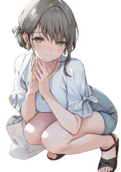 Rule 34 | 1girl, bag, bare legs, blush, earrings, full body, grey hair, hair bun, jewelry, looking at viewer, ne-on, original, own hands together, sandals, shirt, simple background, single side bun, smile, solo, squatting, tied sleeves, tote bag, white background, white shirt