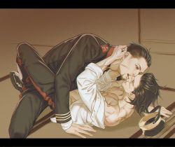 Rule 34 | 2boys, black eyes, black hair, blue jacket, boy on top, collared jacket, facial hair, facial scar, full body, golden kamuy, hair slicked back, hair strand, hat, imperial japanese army, imperial japanese navy, jacket, kepi, kiss, letterboxed, male focus, military hat, multiple boys, ogata hyakunosuke, open clothes, open mouth, open shirt, pectorals, scar, scar on cheek, scar on chest, scar on face, scar on nose, shirt, short hair, simple background, smile, spiked hair, spread legs, stubble, sugimoto saichi, toned, toned male, undercut, undressing, w55674570w, white shirt, yaoi