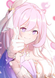 Rule 34 | 1girl, absurdres, armpits, breasts, brooch, caisena, cleavage, detached sleeves, elbow gloves, elysia (herrscher of human:ego) (honkai impact), elysia (honkai impact), finger gun, gloves, hair between eyes, heart, heart brooch, highres, honkai (series), honkai impact 3rd, jewelry, long hair, pink eyes, pink hair, pink pupils, pointing, shirt, smile, triquetra, white background, white gloves, white shirt