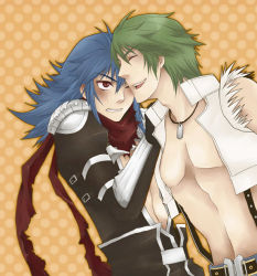 Rule 34 | 2boys, armor, assassin cross (ragnarok online), belt, black cape, black pants, black shirt, blue hair, blue pants, brown belt, cape, commentary request, crop top, dotted background, eremes guile, gauntlets, green hair, grin, hair between eyes, howard alt-eisen, long hair, looking at another, male focus, multiple boys, one eye closed, open clothes, open mouth, open shirt, pants, pauldrons, ragnarok online, red eyes, red scarf, scarf, shirt, short hair, shoulder armor, smile, sptbird, suspenders, torn clothes, torn scarf, torn shirt, upper body, waist cape, white shirt, whitesmith (ragnarok online), yellow background