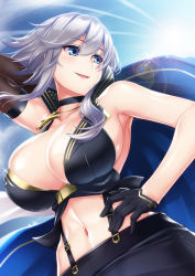 Rule 34 | 1girl, absurdres, armpits, azur lane, bare shoulders, black gloves, blue eyes, blue sky, breasts, bursting breasts, cape, choker, cleavage, commentary request, cross, cross necklace, day, from below, gloves, hair between eyes, high collar, highres, jacket, jacket on shoulders, jewelry, ken ill, large breasts, mole, mole on breast, navel, necklace, no bra, short hair, short hair with long locks, silver hair, skirt, sky, sleeveless, solo, sunlight, suspender skirt, suspenders, washington (azur lane)