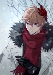 Rule 34 | 1boy, absurdres, akabane yu, black gloves, blue eyes, breath, coat, day, fur-trimmed coat, fur trim, genshin impact, gloves, hair between eyes, highres, light brown hair, long sleeves, male focus, mask, mask on head, outdoors, parted lips, red mask, red scarf, scarf, snowing, solo, tartaglia (genshin impact), tree, twitter username, upper body, white coat