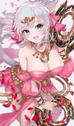 Rule 34 | 1girl, animal ears, bare shoulders, blue eyes, breasts, cat ears, cat tail, chakram, cleavage, cyoharu, dancer, dancer (final fantasy), final fantasy, final fantasy xiv, highres, jewelry, large breasts, looking at viewer, miqo&#039;te, simple background, smile, solo, tail, warrior of light (ff14), weapon, white hair