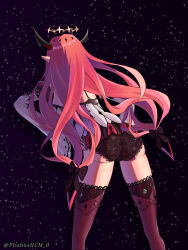 1girl absurdres ass ass_focus backboob breasts dress from_behind halo highres hololive hololive_english horns irys_(hololive) leaning leaning_forward long_hair medium_breasts panties phobos red_hair short_dress sideboob solo thighhighs underwear very_long_hair virtual_youtuber