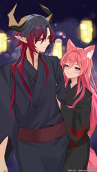 Rule 34 | 1boy, 1girl, animal ear fluff, animal ears, arm hug, black hair, black kimono, black nails, blurry, blurry background, character request, closed mouth, commission, dog ears, dog girl, dog tail, hair between eyes, height difference, highres, horns, indie virtual youtuber, japanese clothes, k (art71), kimono, lantern, long hair, multicolored hair, obi, pink hair, pointy ears, purple eyes, red hair, sash, shieorie (vtuber), skeb commission, sky, smile, star (sky), starry sky, tail, two-tone hair, virtual youtuber
