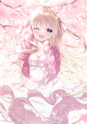 Rule 34 | 1girl, ;d, ahoge, blonde hair, blue eyes, blurry, blurry background, blush, bow, branch, breasts, collarbone, commentary request, depth of field, dress, flower, food, frilled dress, frills, hair bow, hands up, holding, holding food, indie virtual youtuber, jacket, long hair, long sleeves, looking at viewer, one eye closed, open clothes, open jacket, open mouth, pink bow, pink flower, pink jacket, puffy long sleeves, puffy sleeves, signature, sleeves past wrists, small breasts, smile, solo, two side up, uchuuneko, uchuuneko (vtuber), very long hair, virtual youtuber, white dress