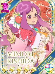 1girl :d akb0048 card_(medium) character_name chinese_clothes copyright_name cowboy_shot from_side hair_ornament heart index_finger_raised kishida_mimori long_hair looking_at_viewer non-web_source official_art open_mouth pink_hair purple_eyes smile solo sparkle standing star_(symbol)