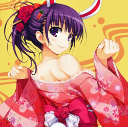 Rule 34 | 1girl, absurdres, animal ears, back, bare back, bare shoulders, blush, bow, breasts, c:, carrot, carrot hair ornament, closed eyes, closed mouth, fake animal ears, female focus, floral print, flower, food-themed hair ornament, hair bow, hair flower, hair ornament, hairclip, hands up, highres, japanese clothes, kimono, large breasts, long sleeves, looking at viewer, looking back, matching hair/eyes, neck, off shoulder, pink flower, pink kimono, pink rose, ponytail, purple eyes, purple hair, rabbit ears, red bow, red flower, red rose, rose, short hair, sideboob, simple background, sleeves past wrists, smile, solo, tomose shunsaku, wide sleeves, yellow background