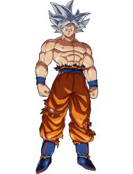Rule 34 | 1boy, abs, absurdres, arms at sides, aura, clenched hands, commentary request, dark background, dirty, dirty clothes, dirty face, dragon ball, dragon ball fighterz, dragon ball super, expressionless, floating rock, frown, highres, looking at viewer, male focus, muscular, official art, orange pants, pants, pectorals, rock, serious, shirt, topless male, grey eyes, silver hair, simple background, son goku, spiked hair, standing, torn clothes, torn shirt, ultra instinct, upper body, wristband