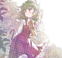 Rule 34 | 1girl, adapted costume, arm up, ascot, belt, blush, collared shirt, commentary request, cropped legs, dress, earrings, frilled dress, frills, green hair, hair between eyes, highres, jewelry, kazami yuuka, lens flare, long sleeves, looking back, one eye closed, parasol, plaid, plaid dress, red eyes, satomachi, shirt, short hair, touhou, umbrella, upper body, white shirt, wing collar, yellow ascot