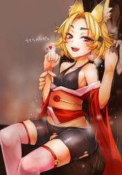 Rule 34 | 1girl, animal ears, arm grab, bell, bike shorts, blonde hair, blush, breasts, clothed sex, fang, fox ears, fox tail, girl on top, heart, highres, japanese clothes, kurenai tsubaki, looking at viewer, motion lines, open mouth, original, petite, pink thighhighs, red eyes, reverse upright straddle, saliva, sex, sex from behind, short hair, simple background, sitting, sitting on person, small breasts, smile, solo focus, tail, taishi (artist), taishi (picchiridou), text focus, thighhighs, torn clothes, translation request, vaginal