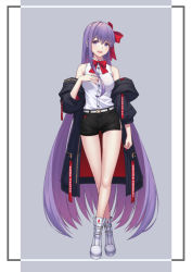 Rule 34 | 1girl, arm at side, bare legs, bare shoulders, bb (fate), bb (fate/extra), belt, belt buckle, black jacket, black shorts, boots, border, bow, bowtie, breasts, buckle, clothes writing, crossed legs, fate/grand order, fate (series), full body, grey background, hair bow, highres, hoodier, jacket, knee boots, long hair, long sleeves, looking at viewer, medium breasts, nail polish, off shoulder, open clothes, open jacket, purple eyes, purple hair, red bow, red bowtie, red nails, shirt, short shorts, shorts, solo, standing, straight hair, unzipped, very long hair, watson cross, white footwear, white shirt